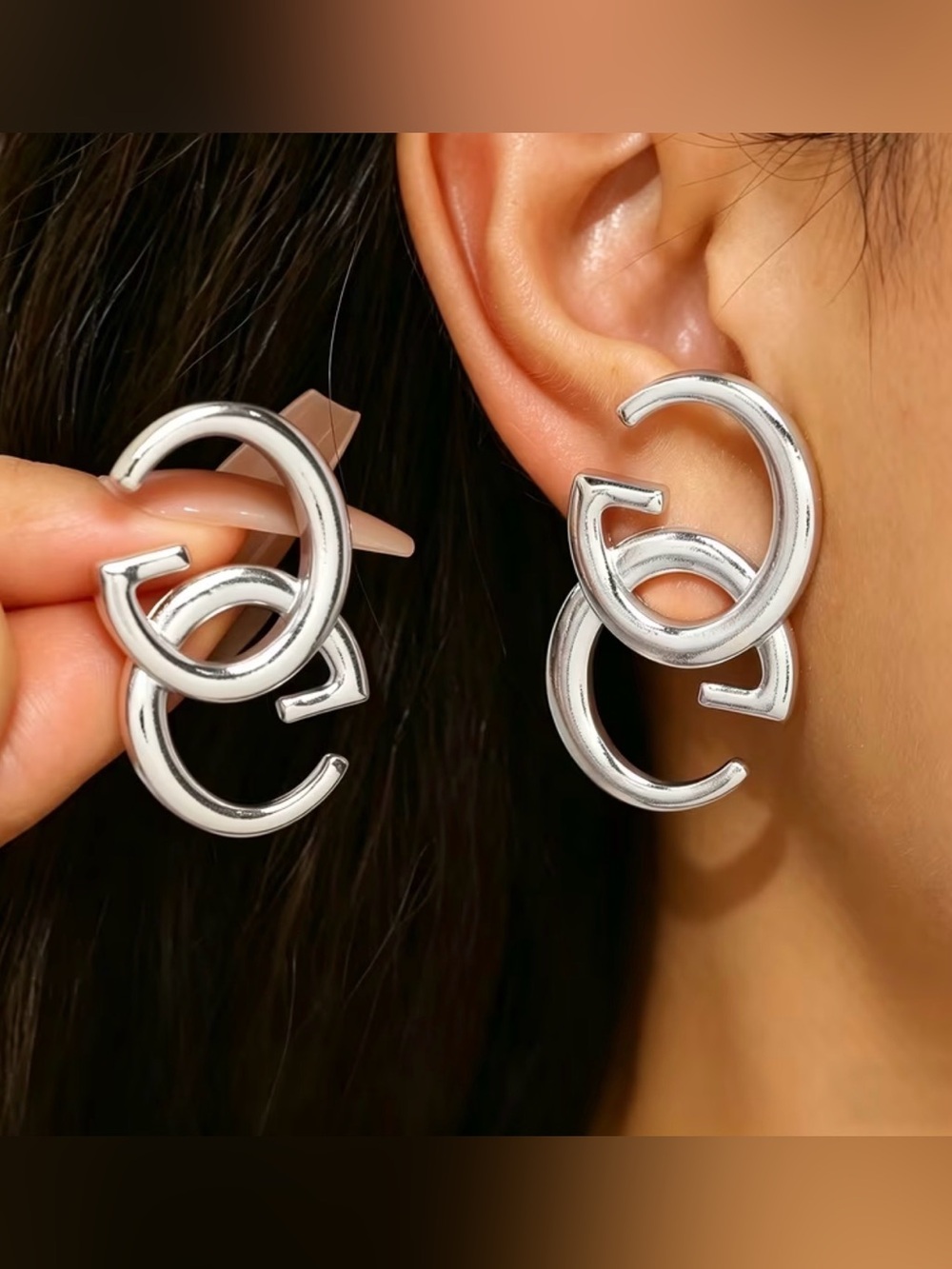 Silver G Letter Double-Link Hoop Earrings - Fashion Jewelry